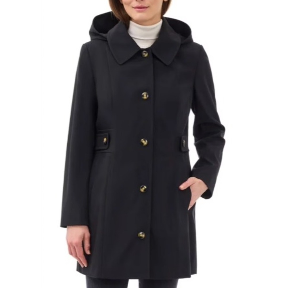 NWT Anne Klein Women's L Black Hooded Trench Coat Polyester